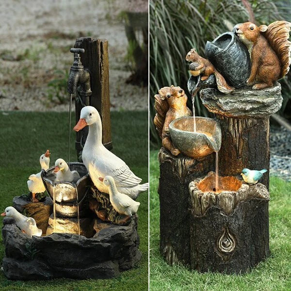 Charming duck family garden statue ornament figurine with rustic, natural finish