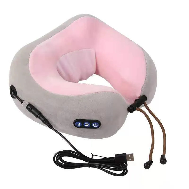 Brown U-shaped electric neck massage pillow with control buttons showing kneading and heating functions