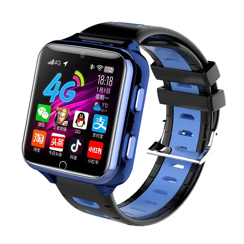 Children's smart watch with black silicone strap, 1.54-inch screen, and face recognition feature