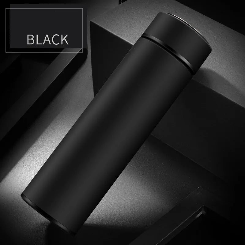 Stainless steel water bottle with double-wall vacuum insulation, shown in black, red, gold, and blue colour options.