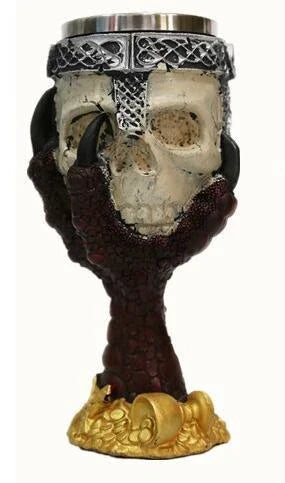 Chilling skull-themed wine goblet with a 3D skull design, made from premium resin and stainless steel for long-lasting durability and visual impact.