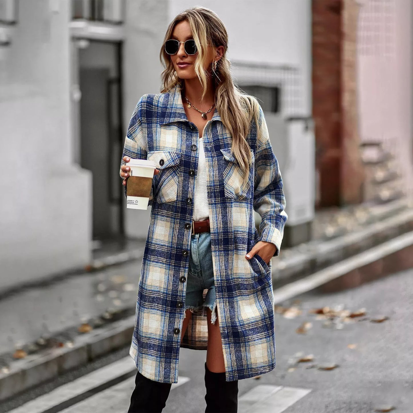 Long plaid woolen cardigan coat for women in pink, blue, green, and black