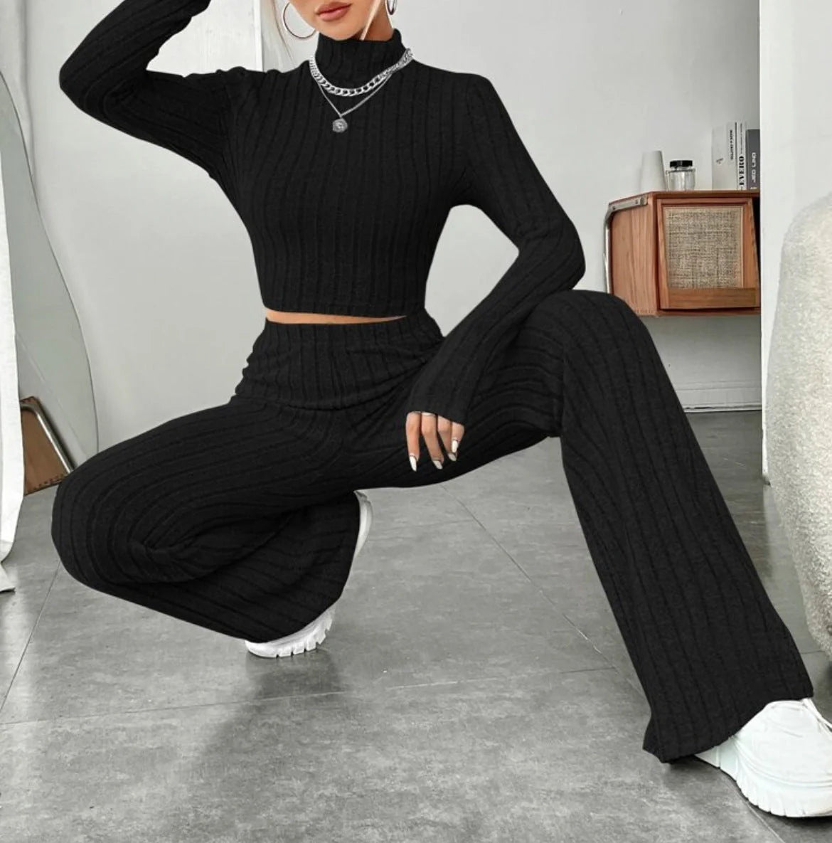 Women's cotton long sleeve turtleneck and wide leg high waist trousers set in various colors