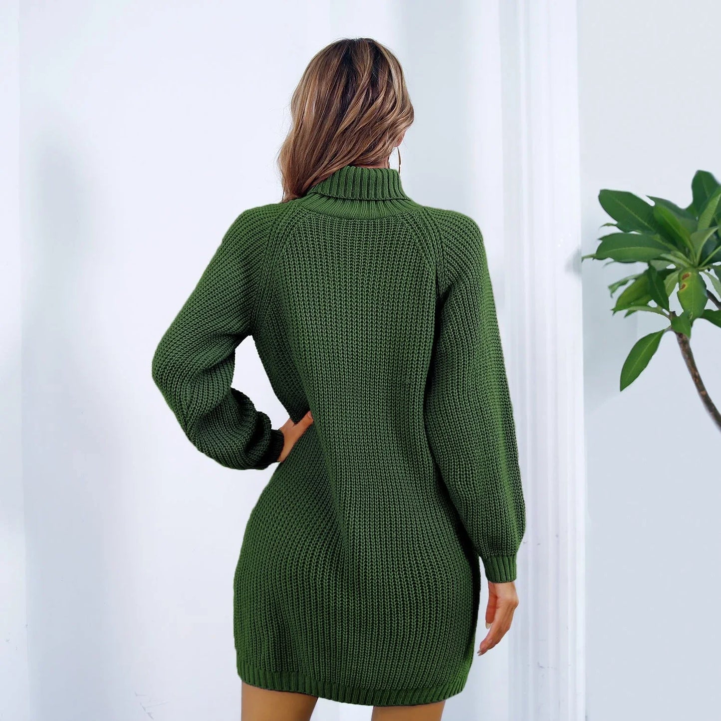 Stylish turtleneck sweater dress with button accent in white, pink, and army green colors