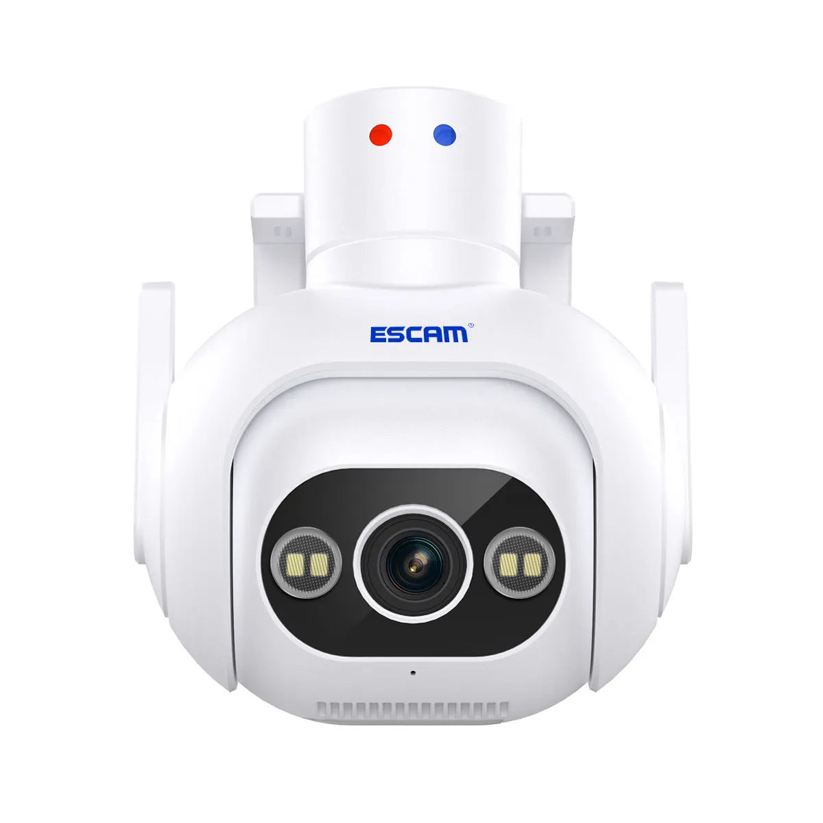 White outdoor security camera with wall mount, featuring smart colour night vision and IP66 waterproof rating.