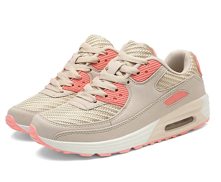 Women's casual shoes with a low heel in beige orange, grey, and pink purple colour options.