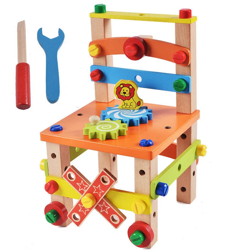 Modular wooden building block chair toy with various design possibilities