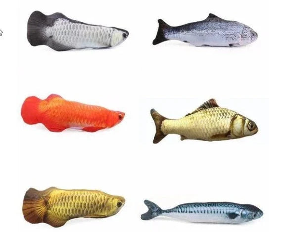 Soft, plush fish-shaped cat toy in vibrant colors with realistic design and construction