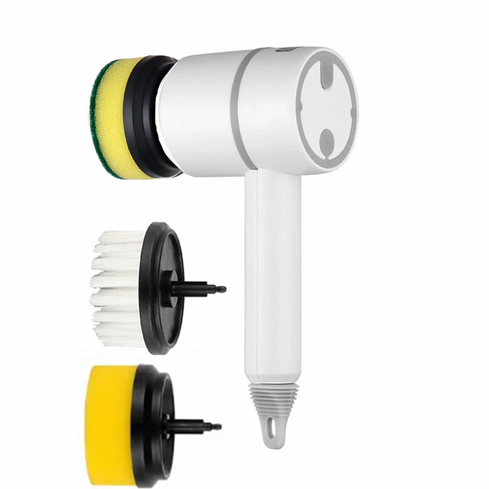 Cordless electric scrub brush with interchangeable brush heads for cleaning kitchens, bathrooms, tiles, and more
