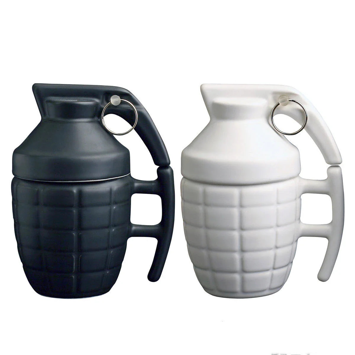 A white or black ceramic coffee mug with a grenade-inspired design and a secure lid for on-the-go convenience.