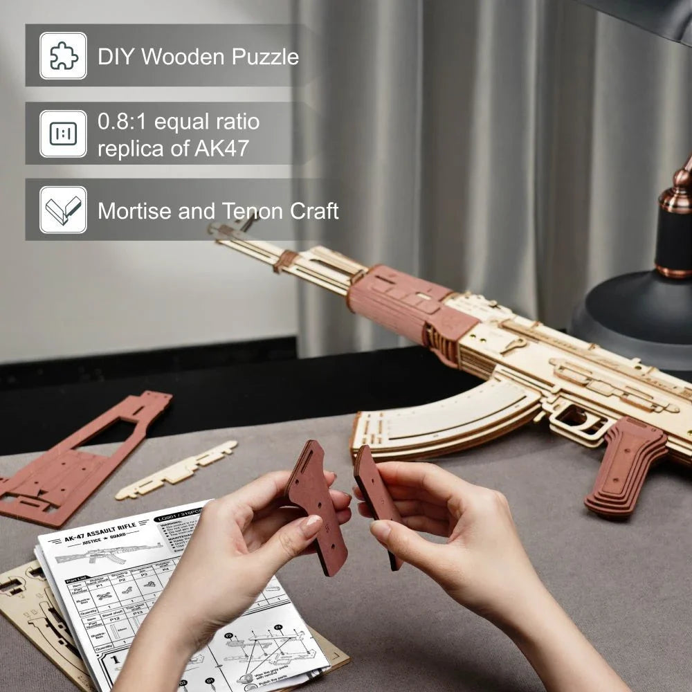 Robotime Rokr Wooden AK-47 Rifle - a premium DIY toy with authentic design, dual firing modes, and a detachable magazine