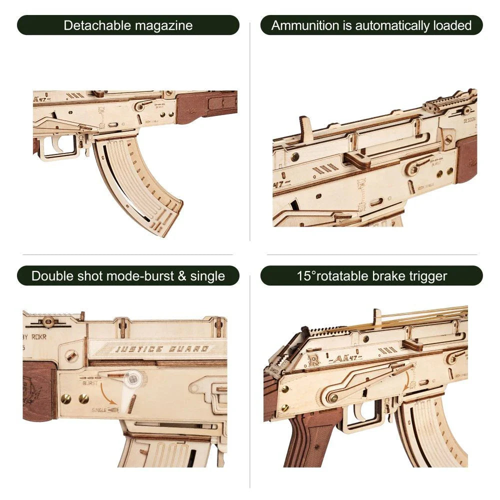 Robotime Rokr Wooden AK-47 Rifle - a premium DIY toy with authentic design, dual firing modes, and a detachable magazine