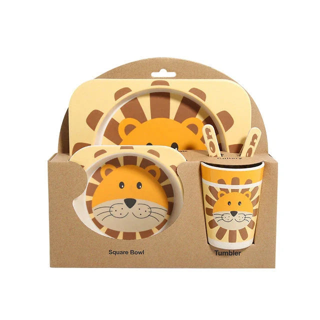 5-piece eco-friendly bamboo fiber children's tableware set with animal designs, including plate, bowl, cup, fork, and spoon