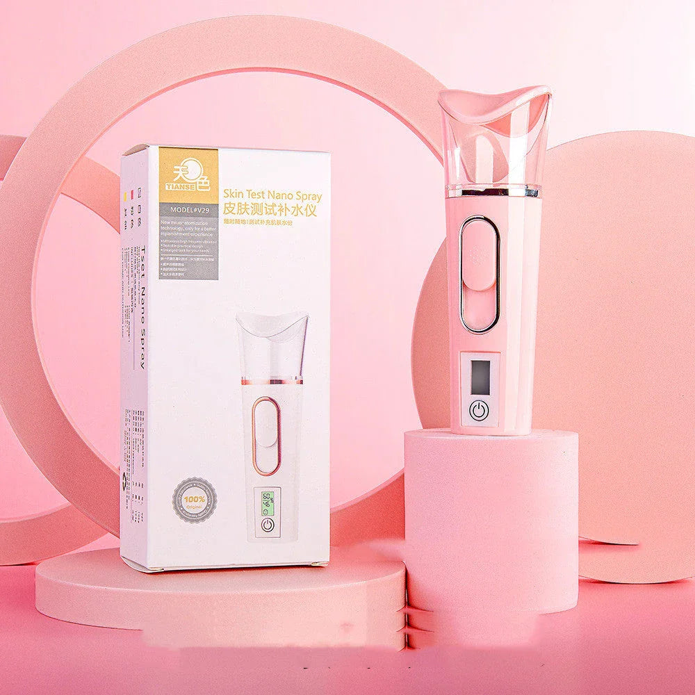 Portable facial mister with rechargeable power bank, transforms water into fine mist for skin hydration and rejuvenation