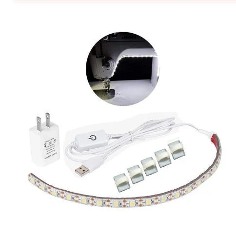 Adjustable sewing machine LED light bar with touch-sensitive dimming controls for customizable illumination