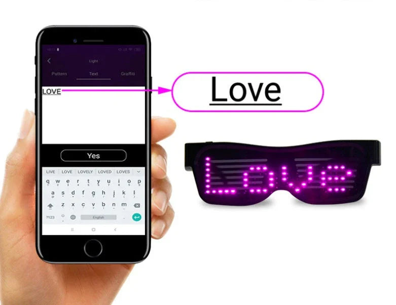 Bluetooth-enabled LED party glasses with dynamic, flashing light effects in multiple vibrant colors