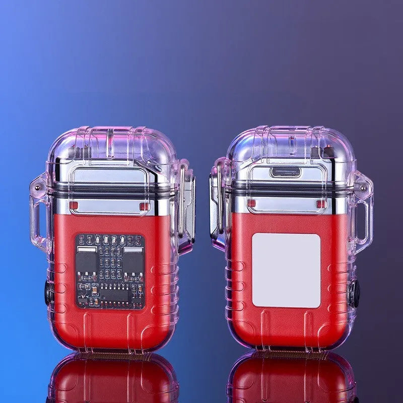 Transparent shell electronic lighter showing plasma arc with detachable pocket clip and paracord lanyard