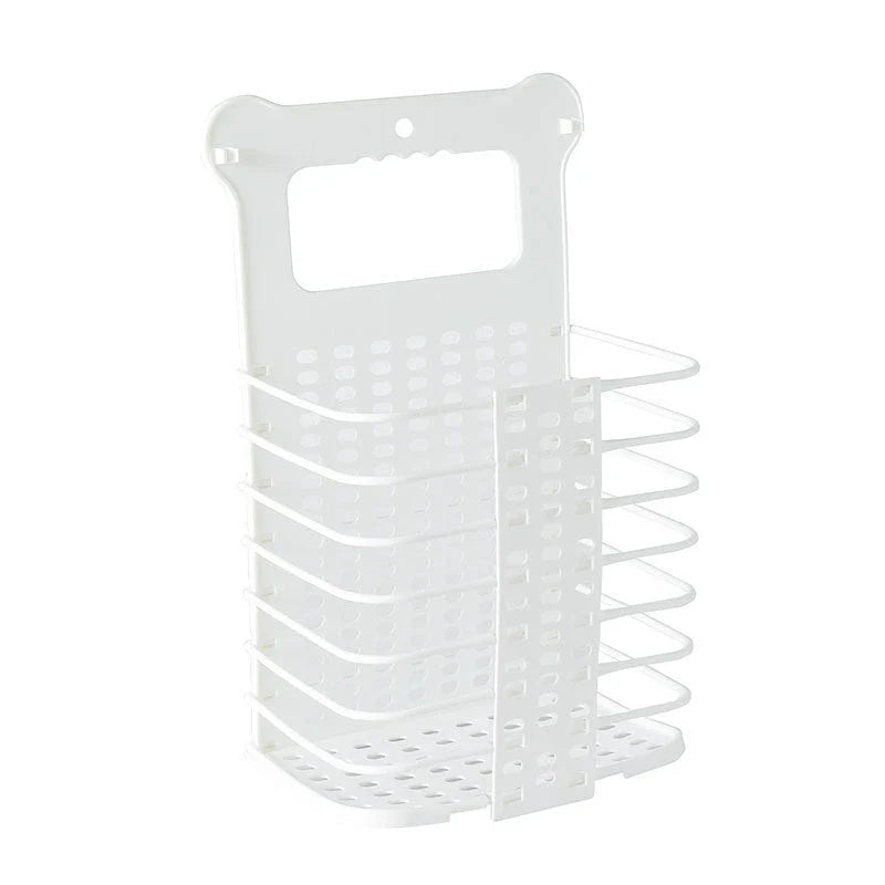 Foldable laundry basket made of sturdy polypropylene material, featuring hooks for wall-mounting and a collapsible design for compact storage.