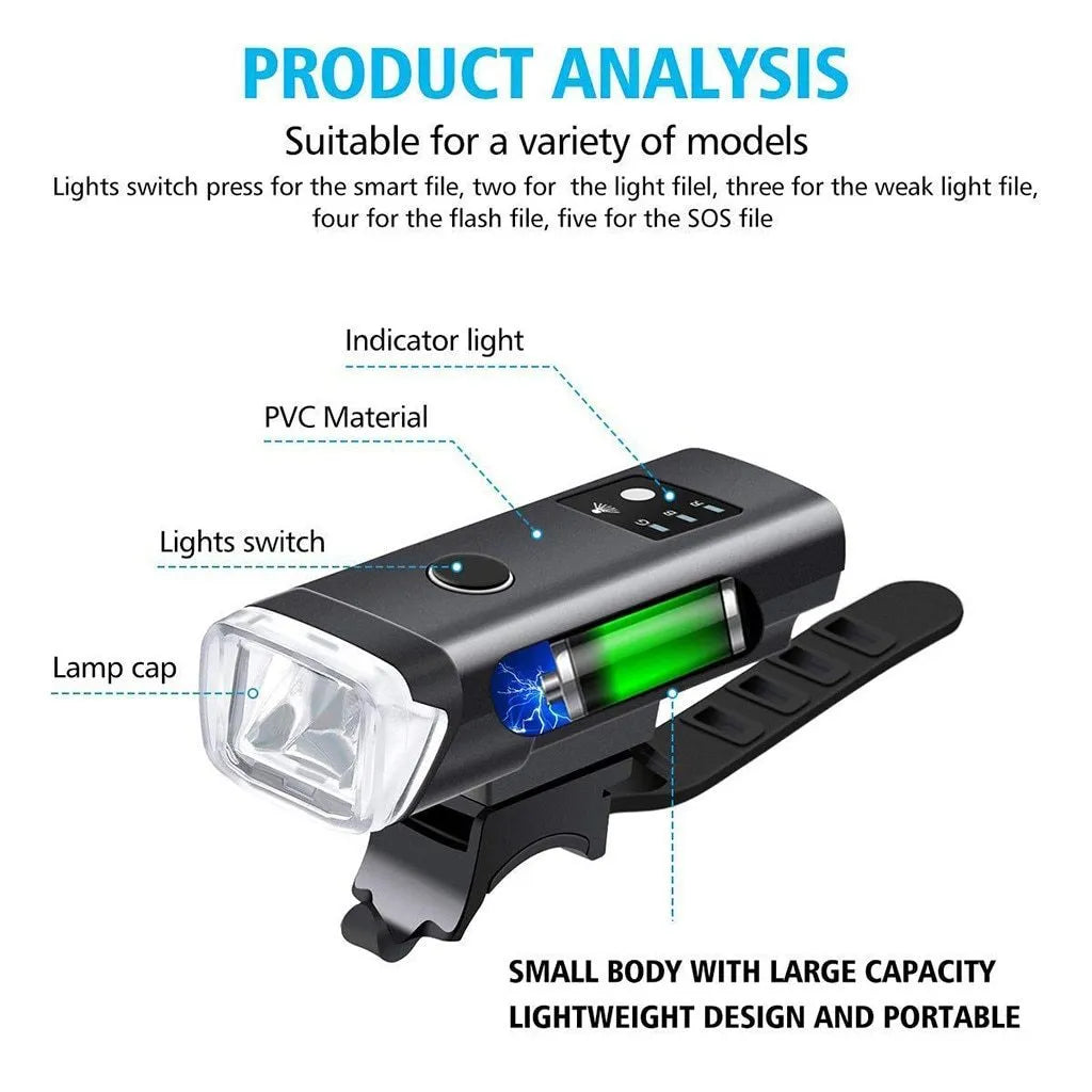Black bicycle front light set with XPG 350 lumens bulb, 1200mAh battery, and light sensor mode, packing size 6.5*8.5*11.5CM