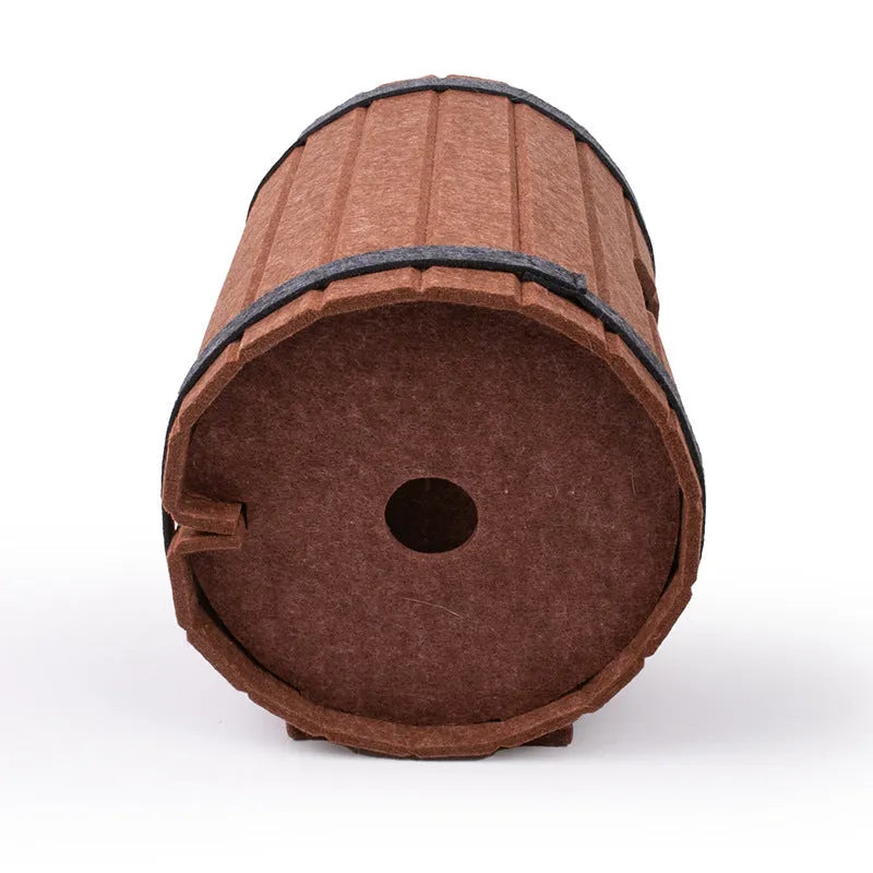 Assembled brown polyester fibre felt wine barrel cat bed for pets