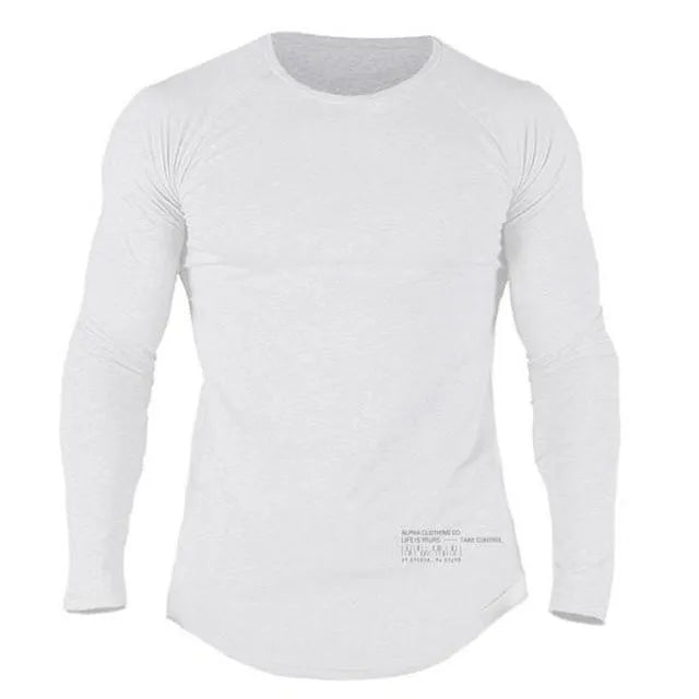 Men's long sleeve cotton fitness T-shirt in black, grey, khaki and white, sizes M to 2XL with size chart
