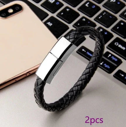 Stylish bracelet charging cable with premium leather and zinc alloy construction, compatible with iPhones, Android, and USB-C devices