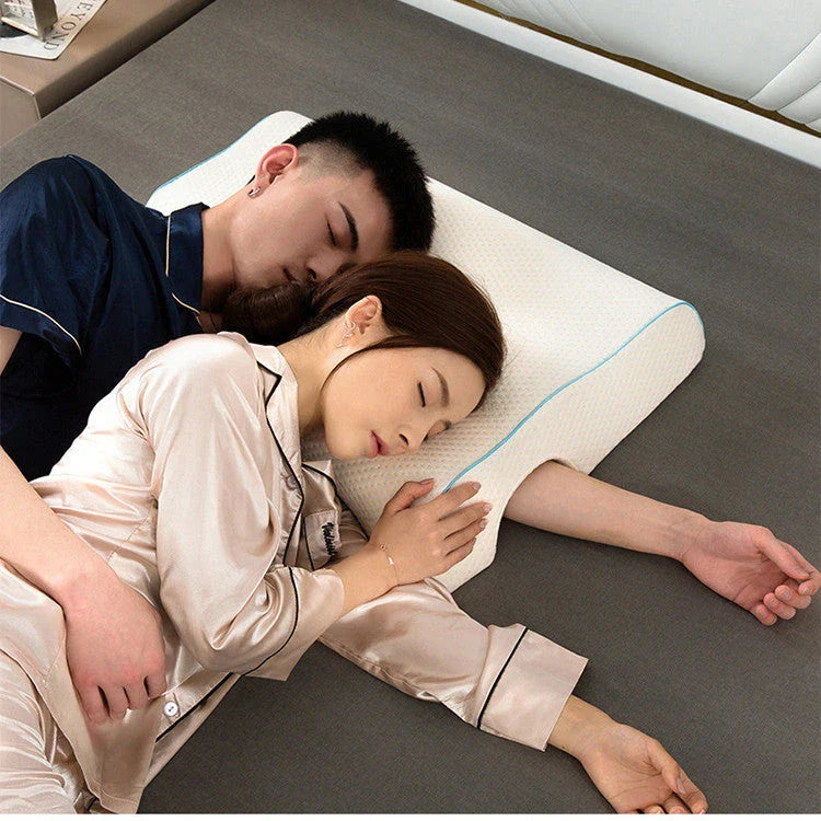 Cozy couple's memory foam pillow with pressure relief groove and cervical support