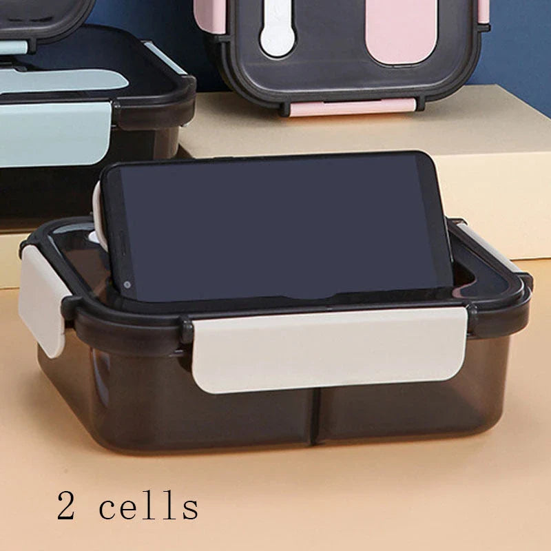Versatile bento-style lunch box with multi-compartment design, flexible locking system, and included utensils for on-the-go meals