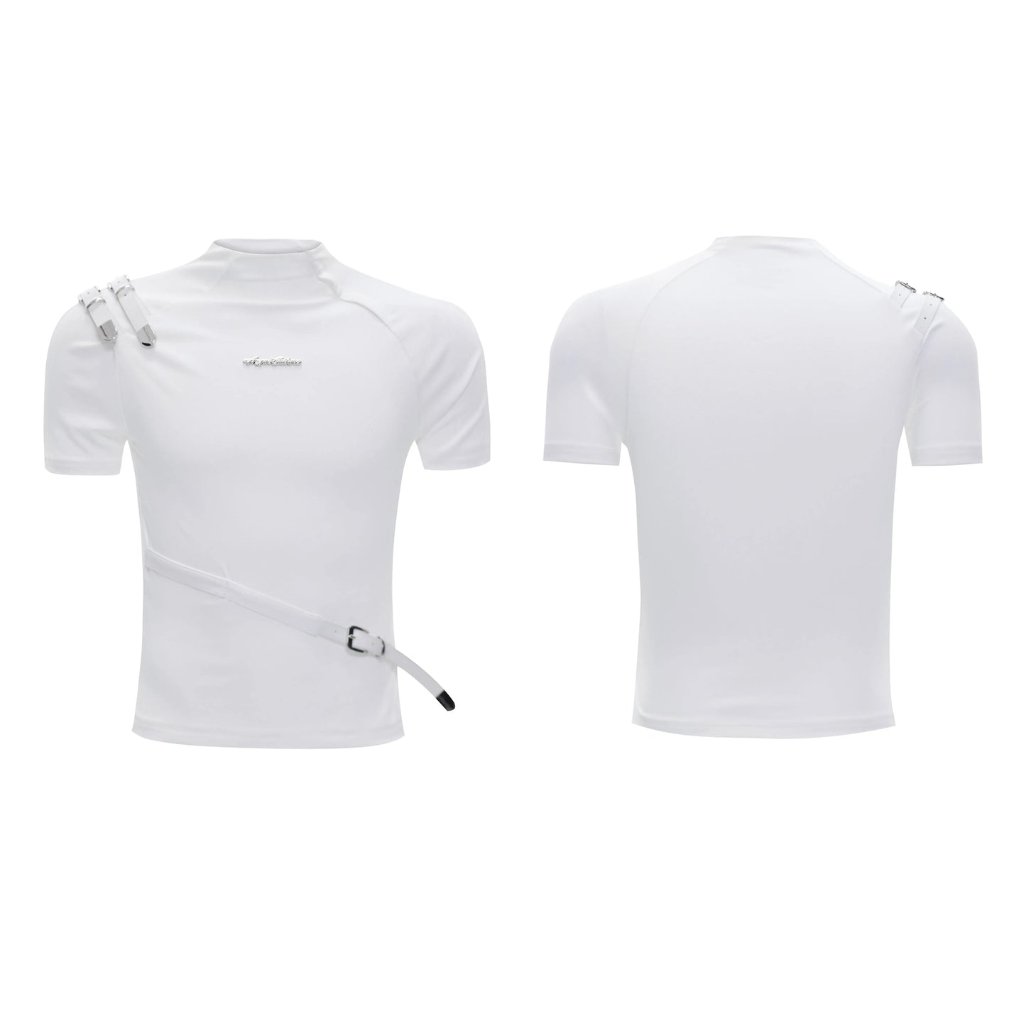 Men's black slim fit cotton T-shirt with a metal belt detail on the stand-up collar.