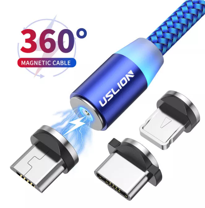 Magnetic USB Type C Fast Charging Cable with LED indicator in red, silver, and blue