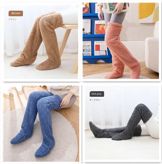 Cozy over-the-knee fuzzy socks in various colors, including brown, blue, dark gray, pink, silver, and more. Comfortable cotton design for warm, snug legs.