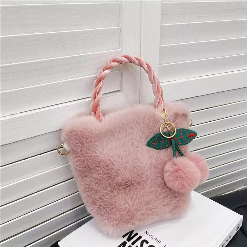 Large capacity plush travel bucket bag in soft material for winter