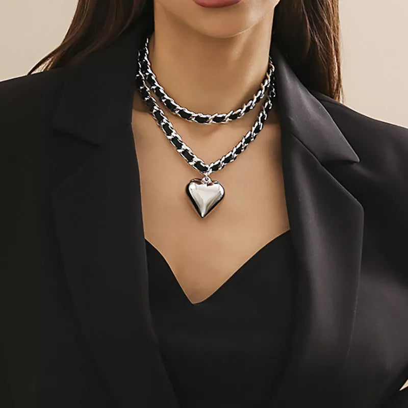 Double-layer chains heart pendant necklace in gold and white, street punk style fashion jewelry