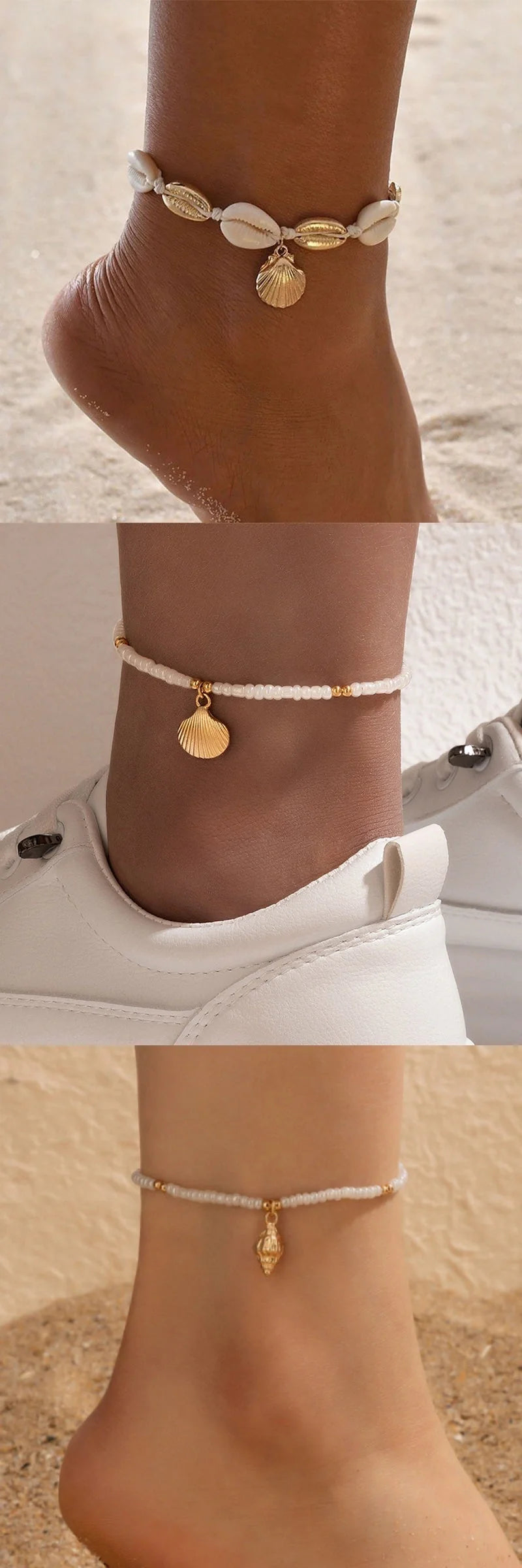 Stylish and adjustable beach shell anklet with bohemian-inspired design, perfect for adding a touch of coastal charm to summer outfits