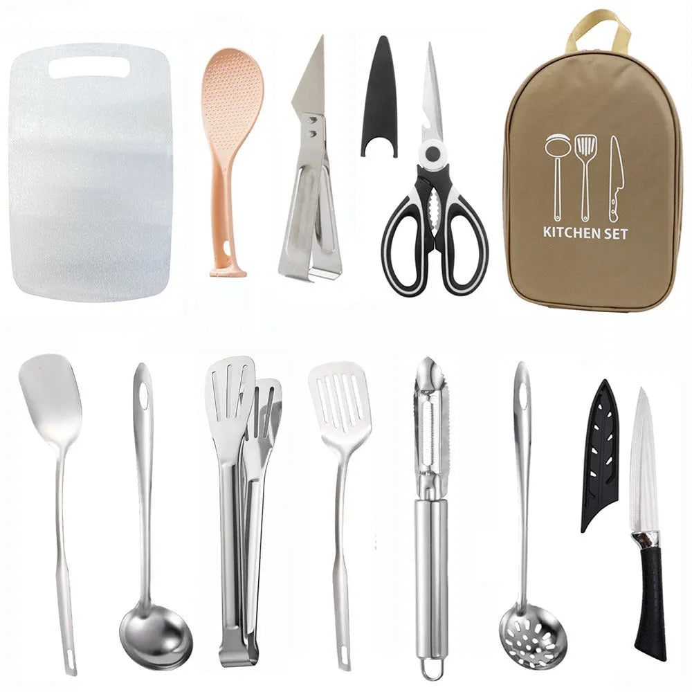 12-piece stainless steel picnic kitchenware set in a storage bag, colour options khaki green brown