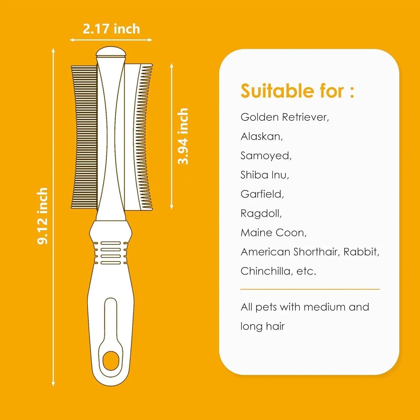 White 2-in-1 dog and cat deshedding brush with curved comb and anti-slip handle for grooming