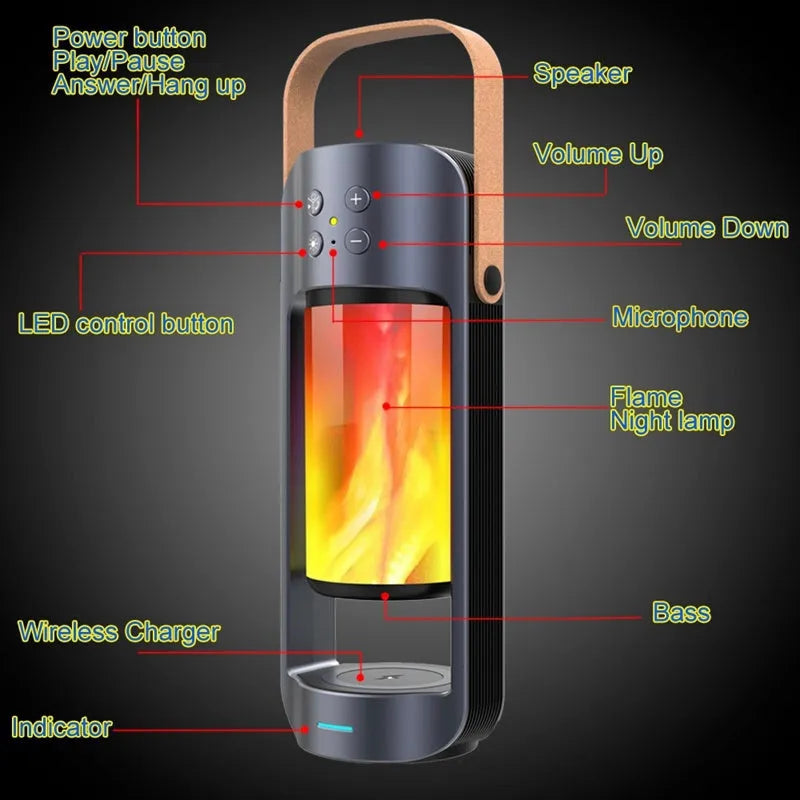 Blue portable Bluetooth speaker with dancing flame LED light and wireless charging pad