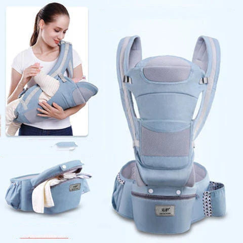 3-in-1 ergonomic baby carrier with multiple carry options, including front-facing and hip-hugging, designed for newborns to toddlers