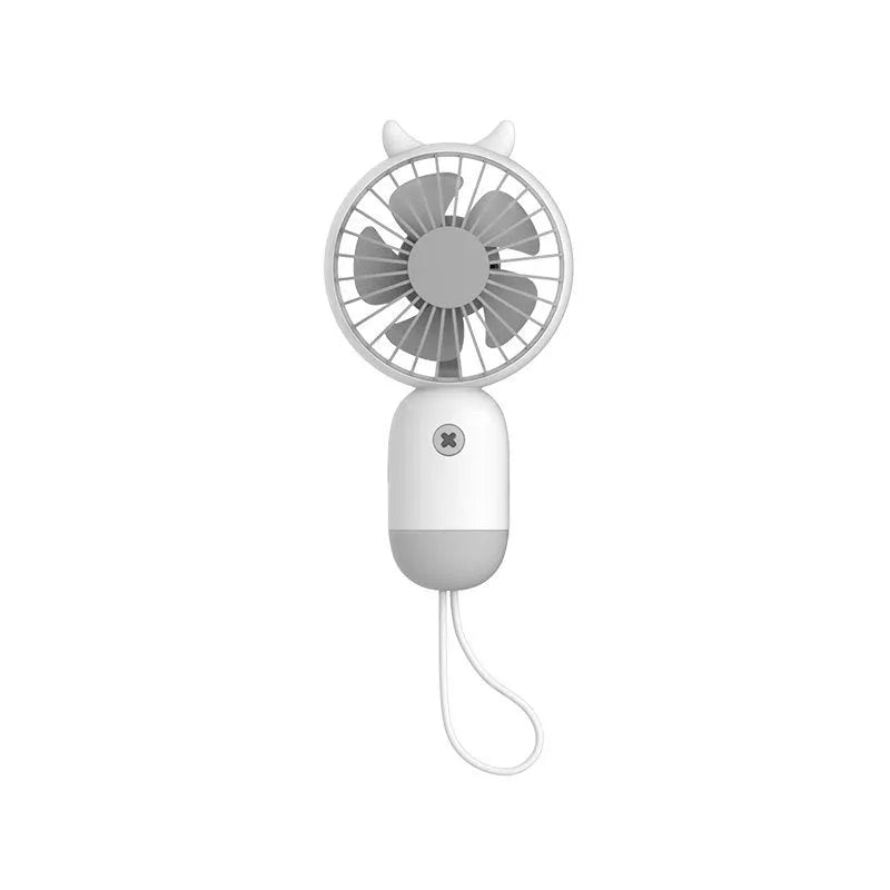 Handheld portable mini fan in green, pink, purple, or white, made from ABS and silicone with 500mAh battery