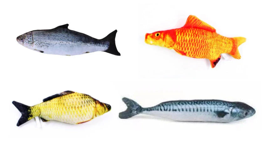 Soft, plush fish-shaped cat toy in vibrant colors with realistic design and construction