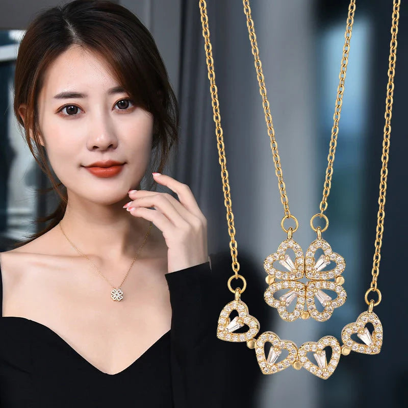 Radiant four-leaf clover necklace made of premium titanium steel with a dazzling diamond-inlaid design, available in gold, silver, and rose gold finishes