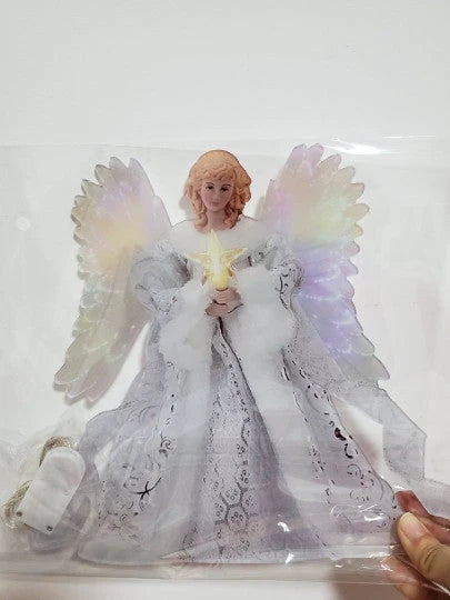 Radiant angel Christmas tree topper with glowing LED lights, creating a warm and enchanting holiday decoration