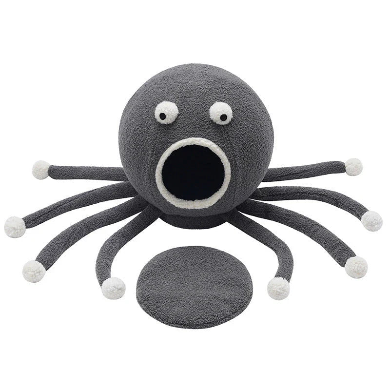 Cozy octopus-shaped pet bed with soft, plush fabric and raised 'eyes' for natural headrest