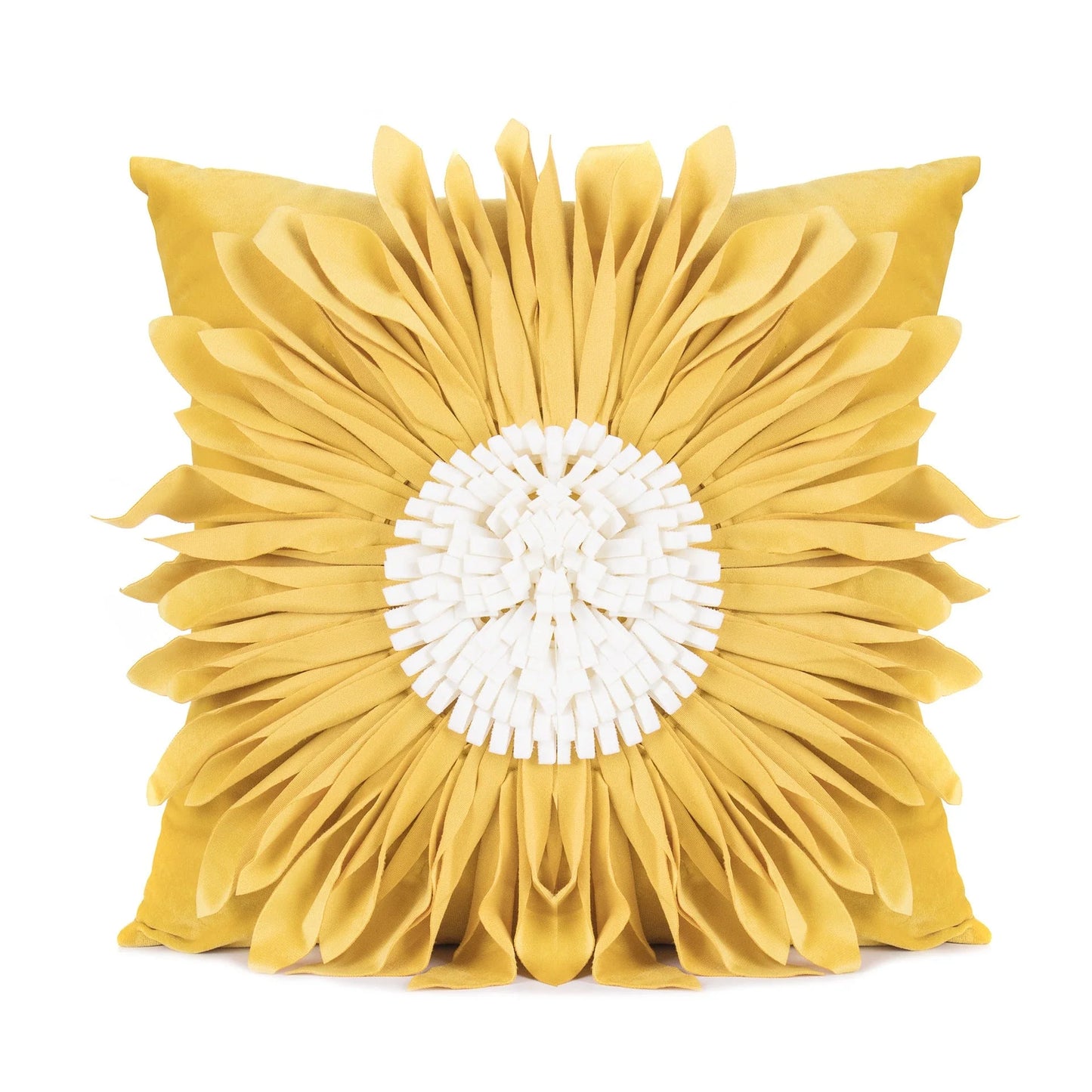 Stylish velvet throw pillows with 3D chrysanthemum embellishments in blue, yellow, pink, and white colors