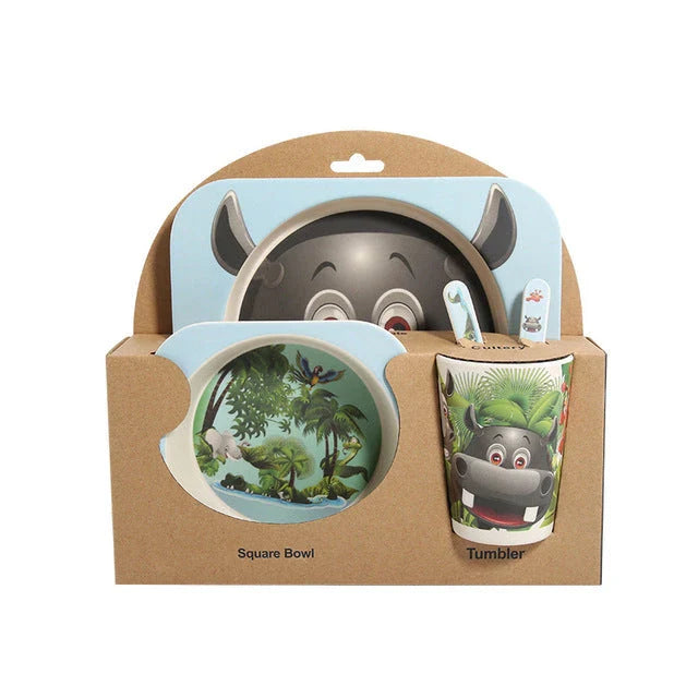 5-piece eco-friendly bamboo fiber children's tableware set with animal designs, including plate, bowl, cup, fork, and spoon