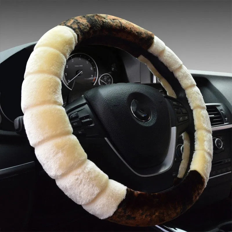 Short plush steering wheel cover in Bamboo Beige for 36cm universal car steering wheel, winter warm business style
