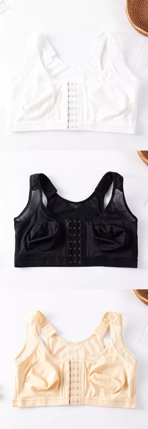 Plus-size front buckle sports bra in white, black, and apricot