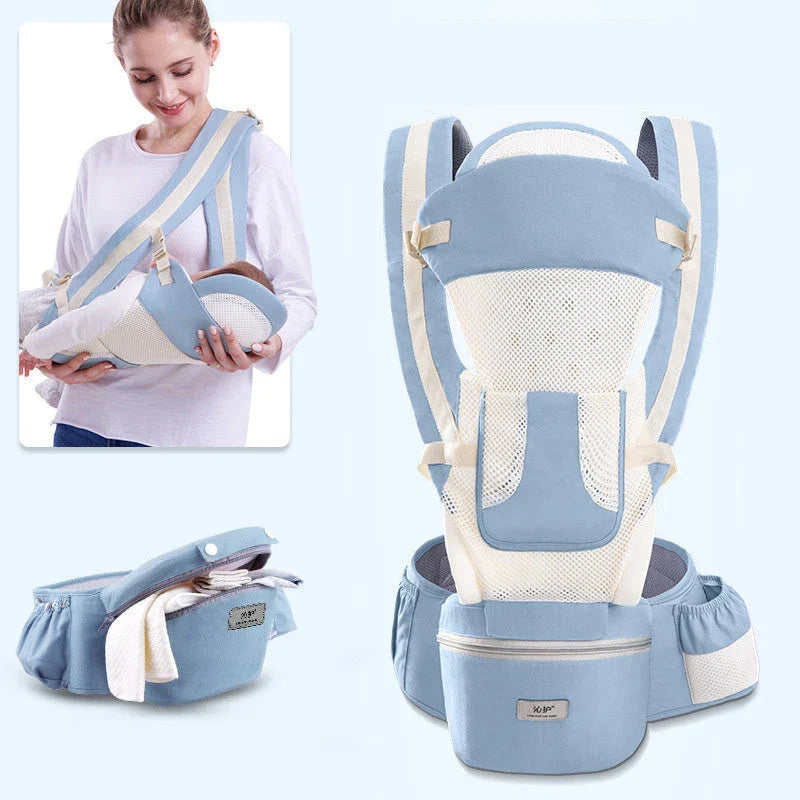 3-in-1 ergonomic baby carrier with multiple carry options, including front-facing and hip-hugging, designed for newborns to toddlers
