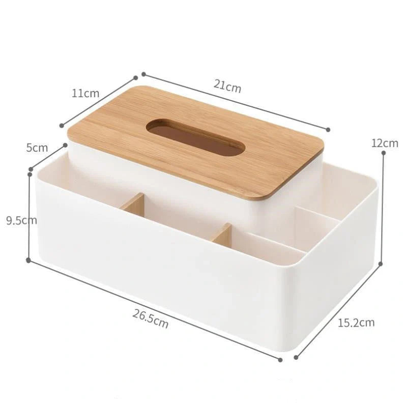 Multifunctional tissue box with remote control storage compartment, made of PS+ bamboo materials in apricot and white colors