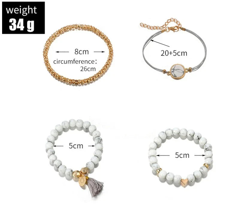 A four-piece geometric pine stone bracelet set made of alloy with an electroplated finish and resin stones, offering a sleek and versatile fashion accessory.